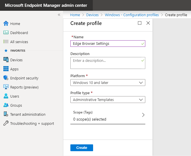 Selecting Edge version in Administrative Templates